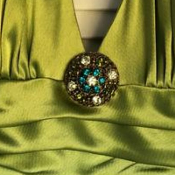 🌎A*B*S by Allen Schwartz || Chartreuse satin halter cocktail dress - Picture 2 of 9